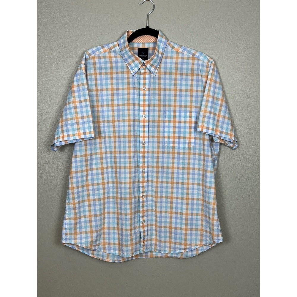 Tailorbyrd Collection Mens XL Short Sleeve Gingham Button Down Shirt Blue Orange - Picture 2 of 10